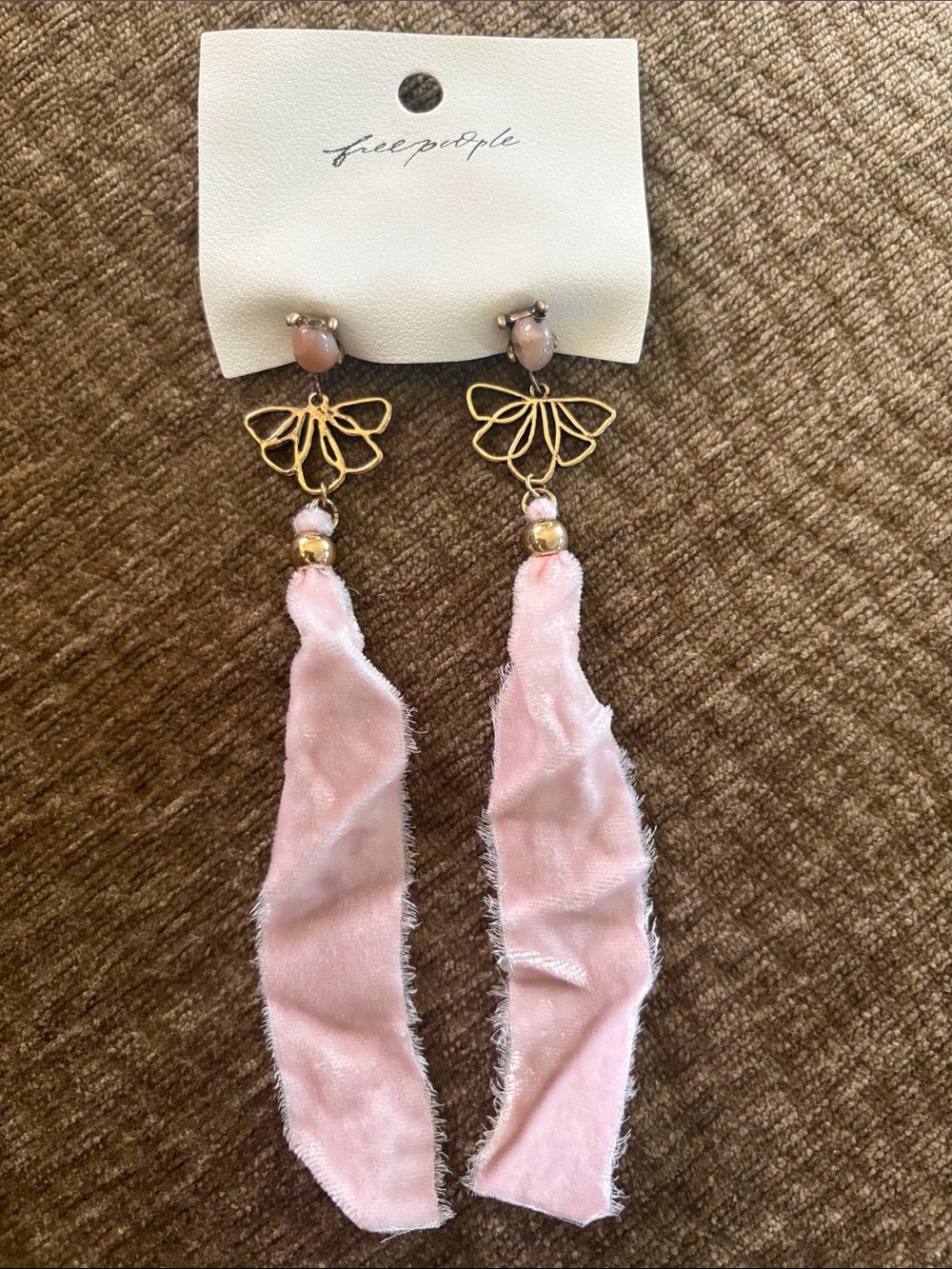 Free People Blush Velvet Ribbon Earrings with Gold Butterfly Drops